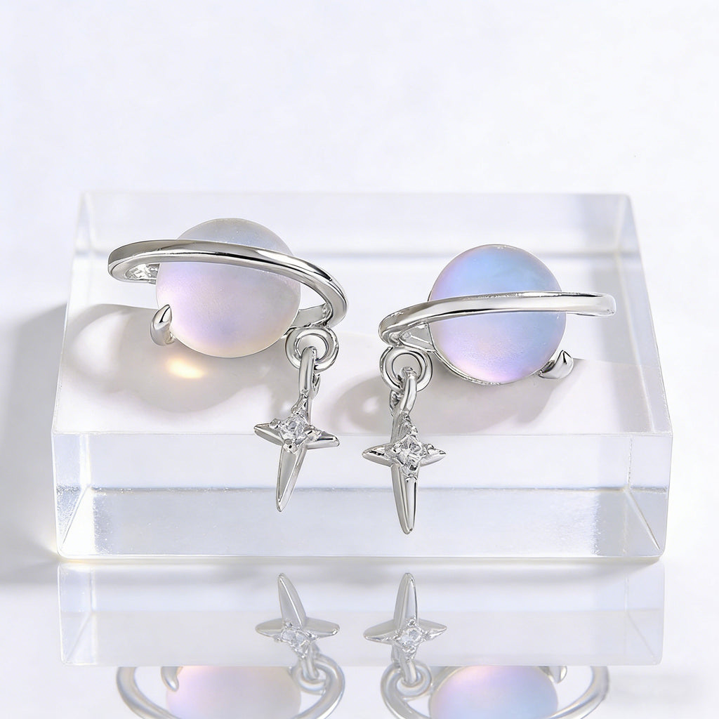 Silver Plated Saturn Stud Earrings for Women Moonstone Saturn Planet Earrings Celestial Earring