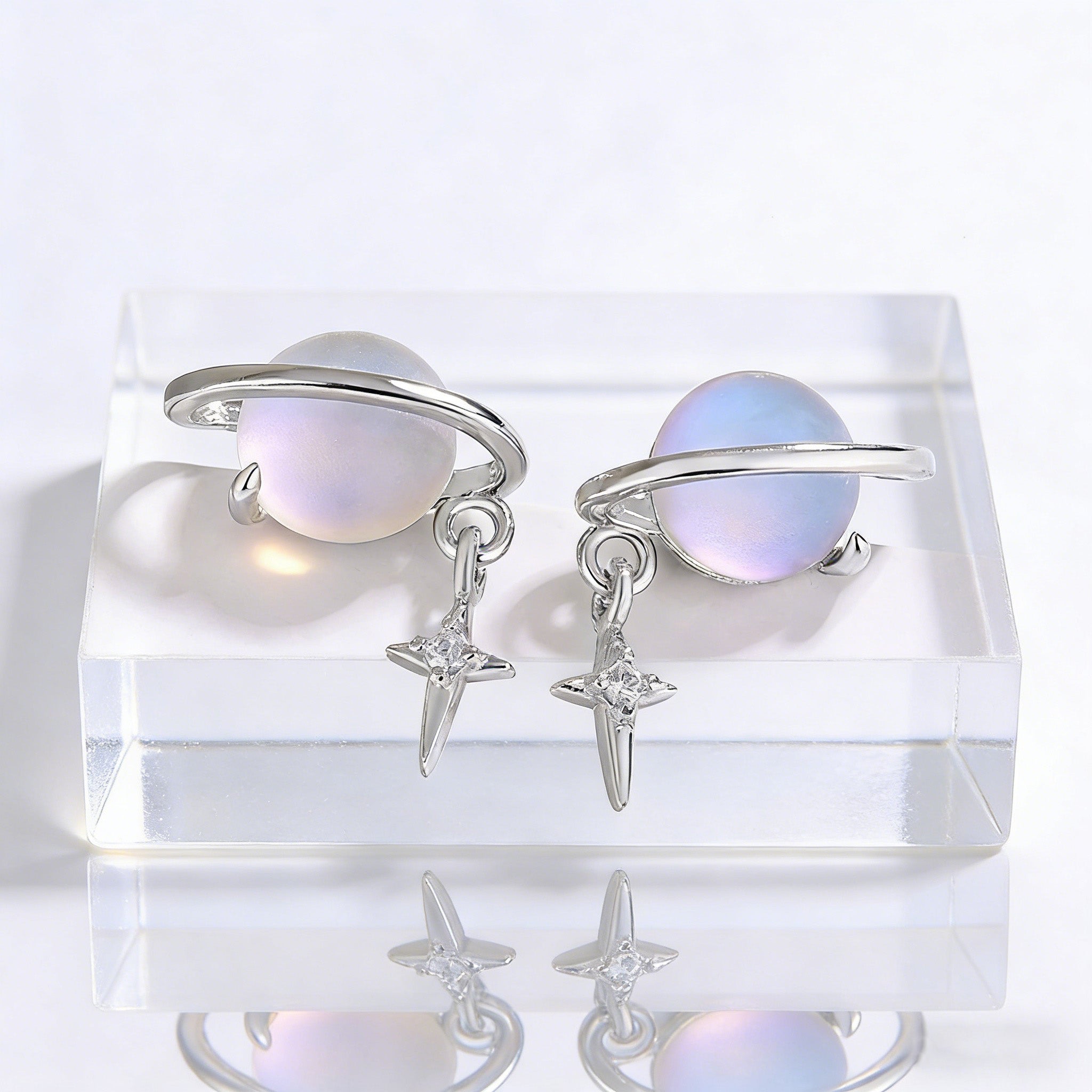 Silver Plated Saturn Stud Earrings for Women Moonstone Saturn Planet Earrings Celestial Earring
