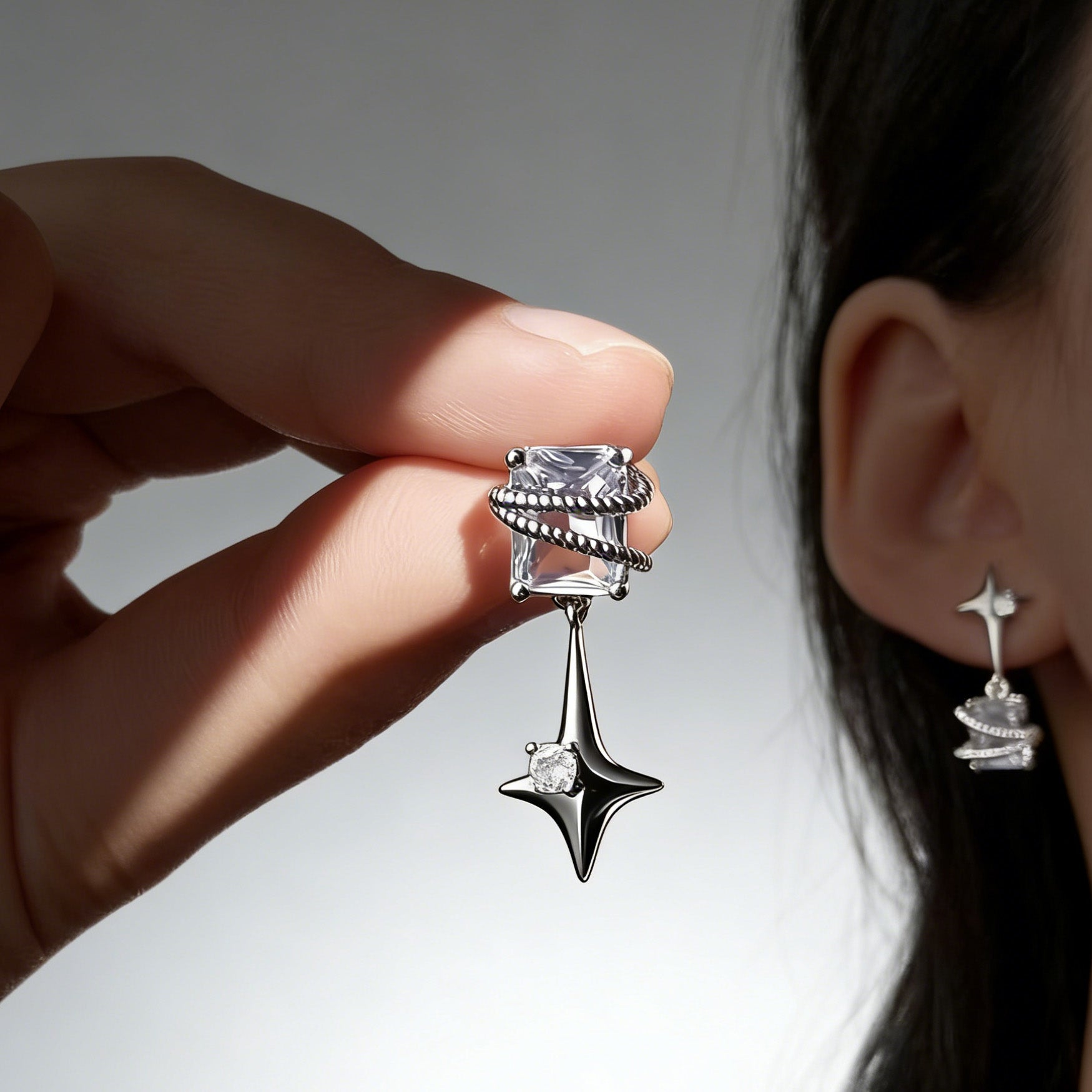 Silver Plated Mismatch Star Dangle Earrings for Women Rectangle CZ Celestial Dangle Earrings Wedding Bridesmaid Earring