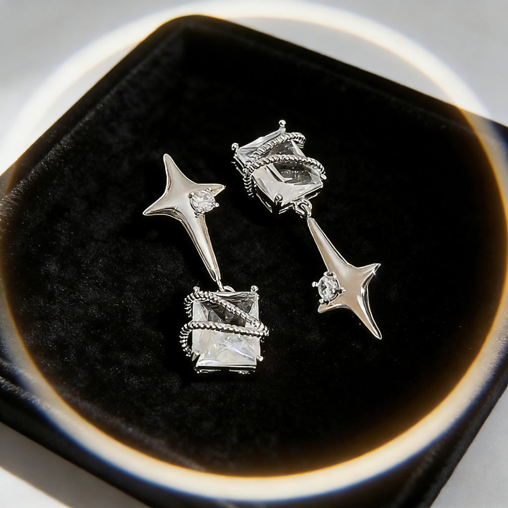 Silver Plated Mismatch Star Dangle Earrings for Women Rectangle CZ Celestial Dangle Earrings Wedding Bridesmaid Earring