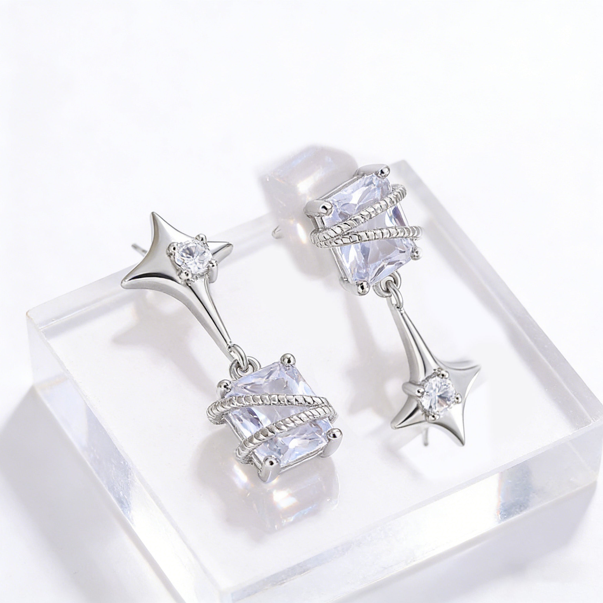 Silver Plated Mismatch Star Dangle Earrings for Women Rectangle CZ Celestial Dangle Earrings Wedding Bridesmaid Earring