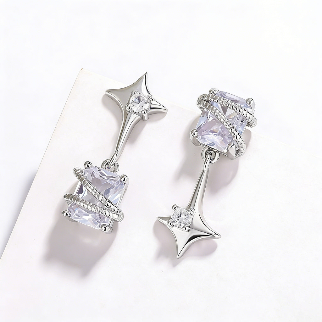 Silver Plated Mismatch Star Dangle Earrings for Women Rectangle CZ Celestial Dangle Earrings Wedding Bridesmaid Earring