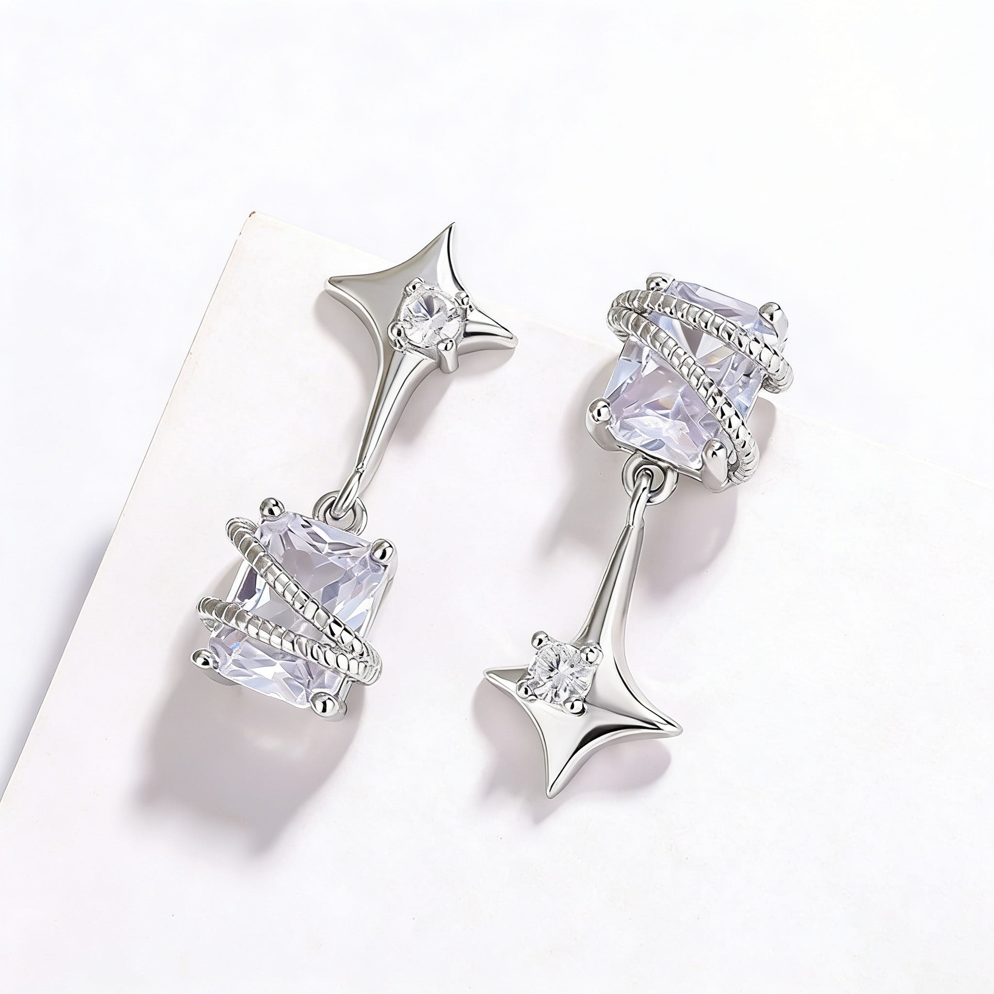 Silver Plated Mismatch Star Dangle Earrings for Women Rectangle CZ Celestial Dangle Earrings Wedding Bridesmaid Earring
