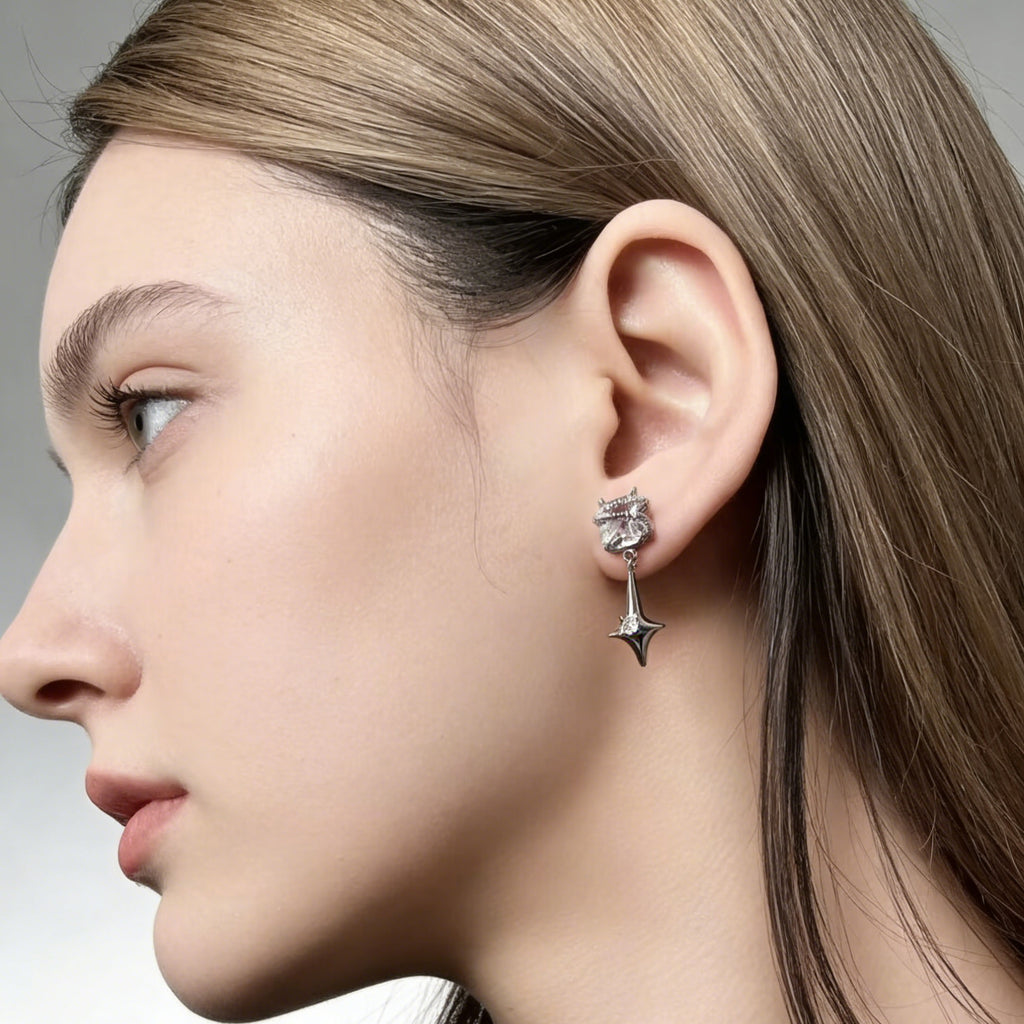 Silver Plated Mismatch Star Dangle Earrings for Women Rectangle CZ Celestial Dangle Earrings Wedding Bridesmaid Earring