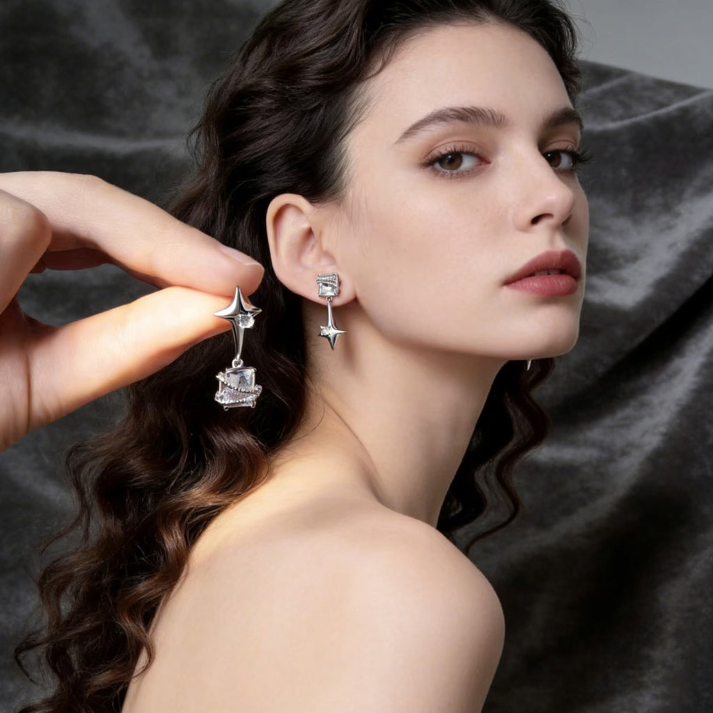 Silver Plated Mismatch Star Dangle Earrings for Women Rectangle CZ Celestial Dangle Earrings Wedding Bridesmaid Earring