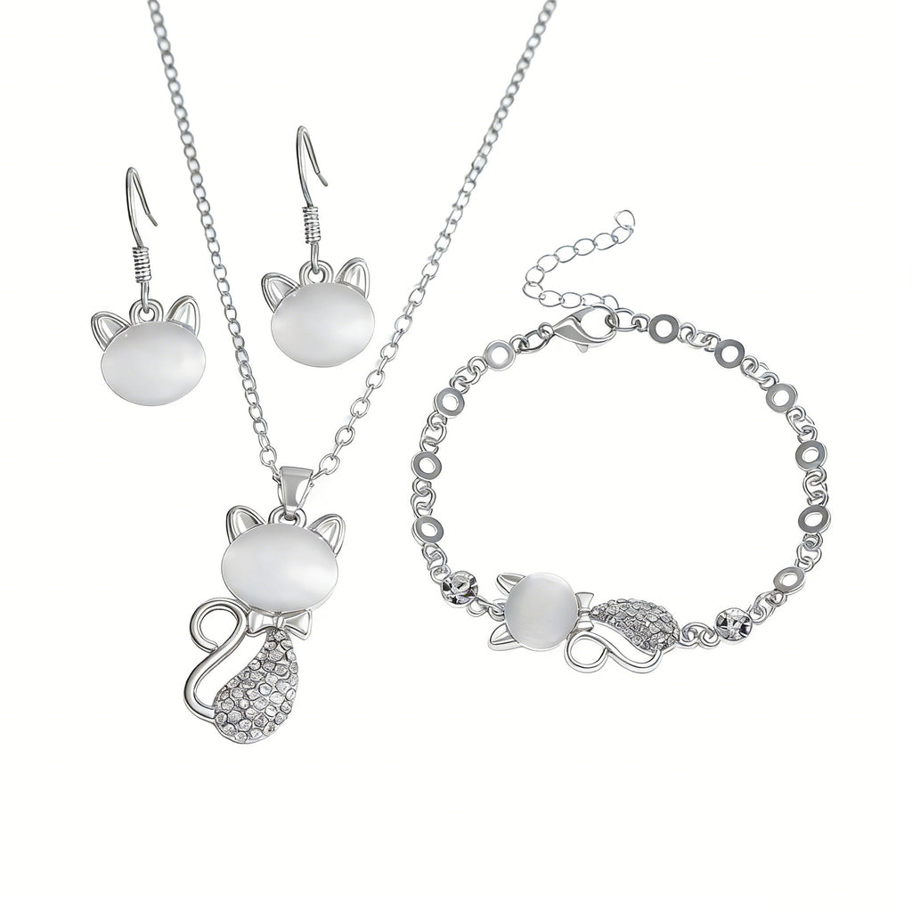 Silver Plated Cat Earrings Bracelet and Necklace Set  Rhinestone Kitten Jewelry Set for Women CZ Cat Jewelry Set Present for Cat Lovers