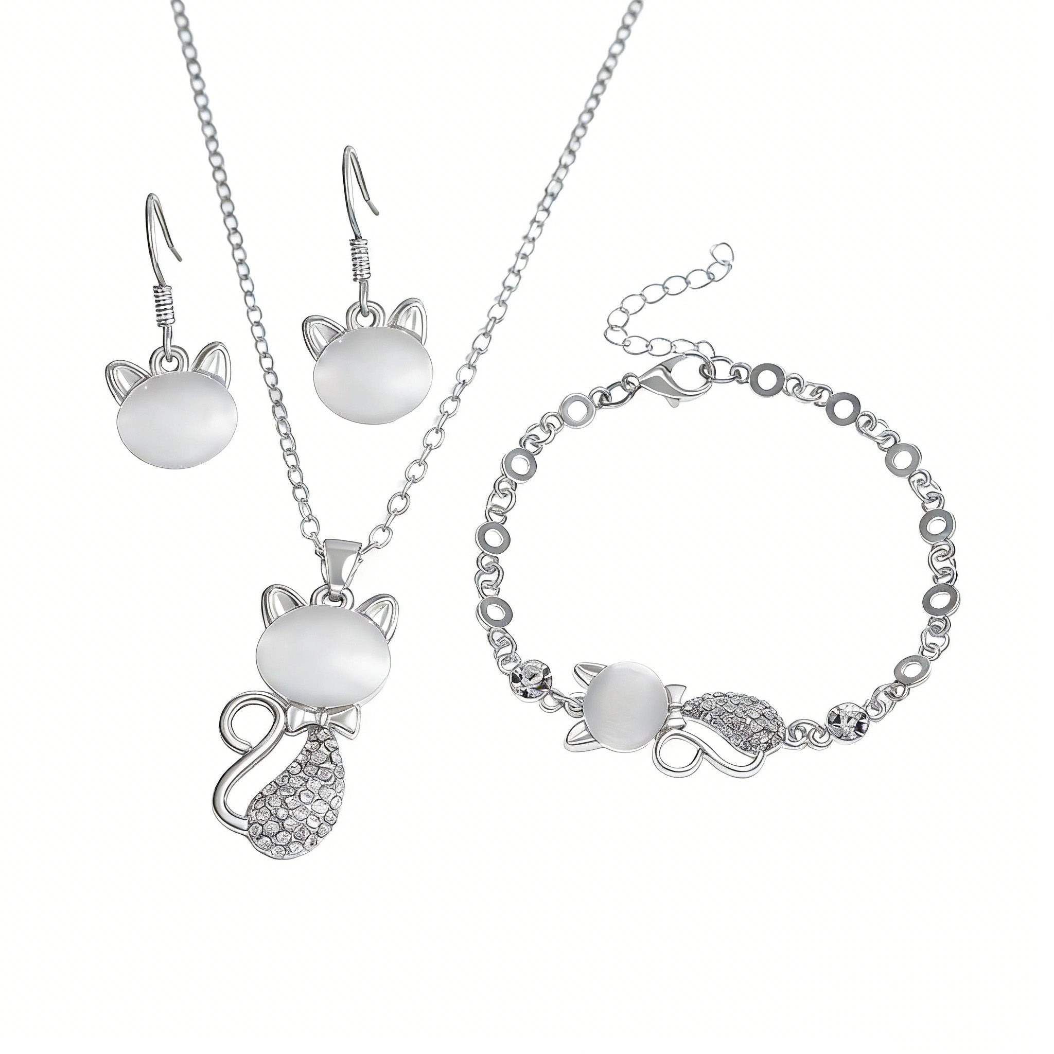 Silver Plated Cat Earrings Bracelet and Necklace Set  Rhinestone Kitten Jewelry Set for Women CZ Cat Jewelry Set Present for Cat Lovers