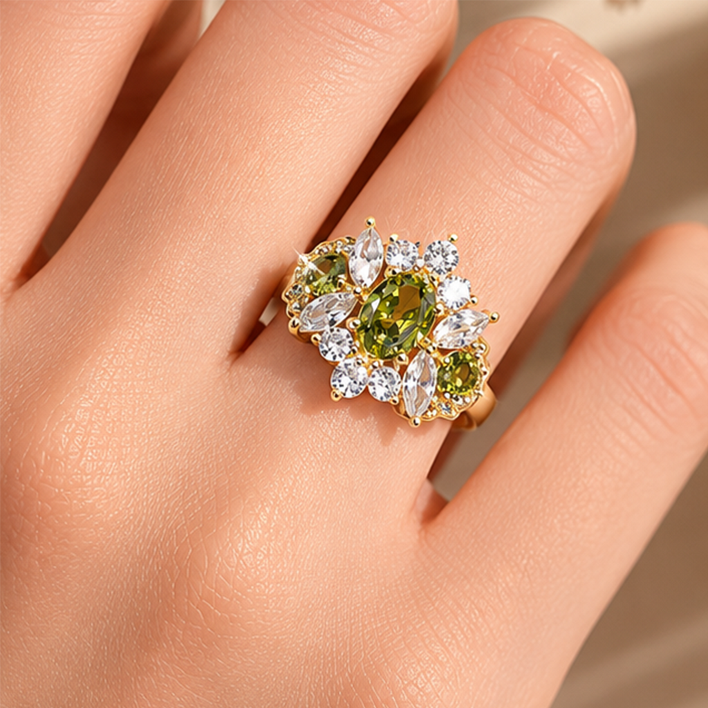 Gold Tone Green CZ Adjustable Statement Ring