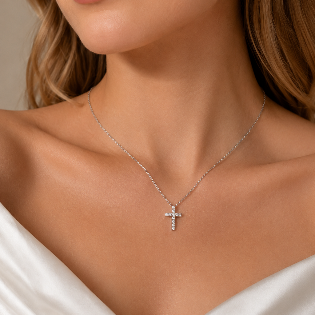 Silver Tone CZ Cross Pendant Necklace