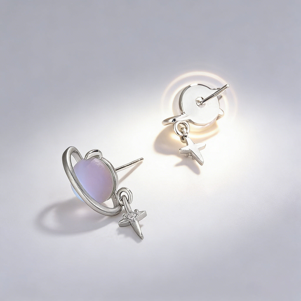 Silver Plated Saturn Stud Earrings for Women Moonstone Saturn Planet Earrings Celestial Earring