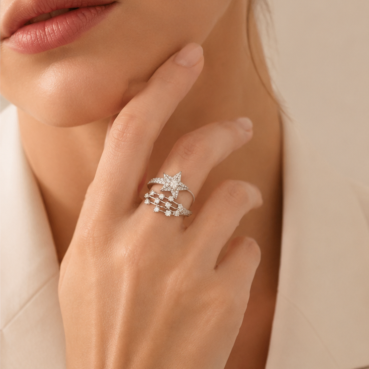Silver Tone Star CZ Adjustable Open Ring