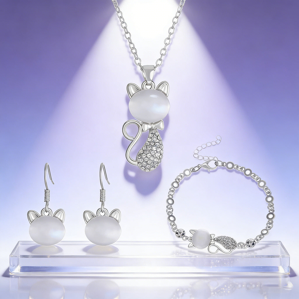 Silver Plated Cat Earrings Bracelet and Necklace Set  Rhinestone Kitten Jewelry Set for Women CZ Cat Jewelry Set Present for Cat Lovers