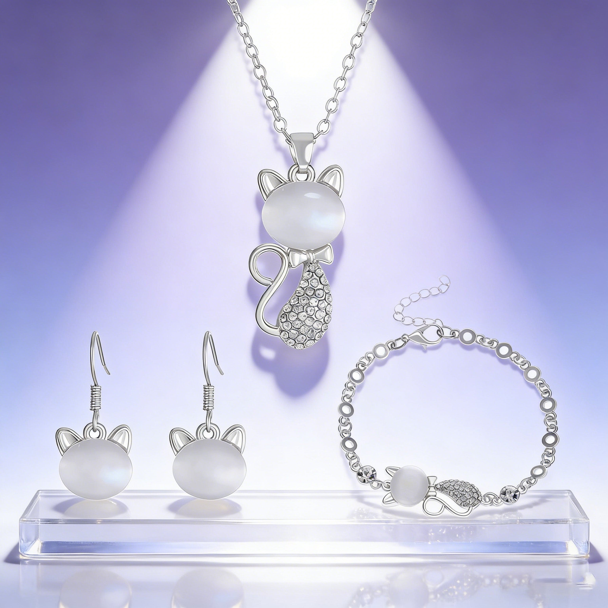 Silver Plated Cat Earrings Bracelet and Necklace Set  Rhinestone Kitten Jewelry Set for Women CZ Cat Jewelry Set Present for Cat Lovers