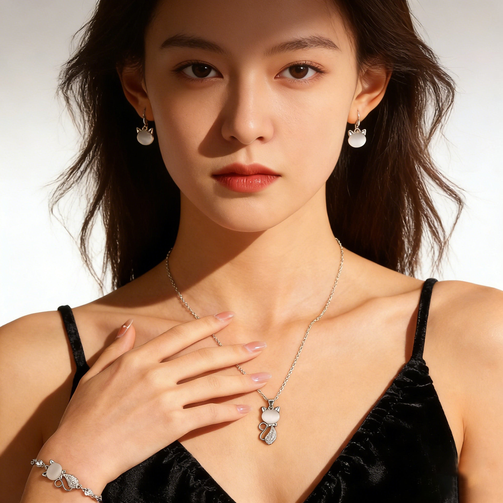Silver Plated Cat Earrings Bracelet and Necklace Set  Rhinestone Kitten Jewelry Set for Women CZ Cat Jewelry Set Present for Cat Lovers
