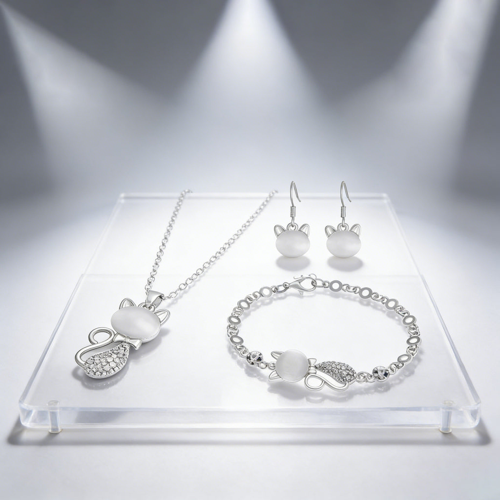 Silver Plated Cat Earrings Bracelet and Necklace Set  Rhinestone Kitten Jewelry Set for Women CZ Cat Jewelry Set Present for Cat Lovers