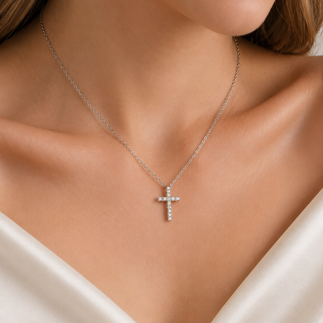 Silver Tone CZ Cross Pendant Necklace
