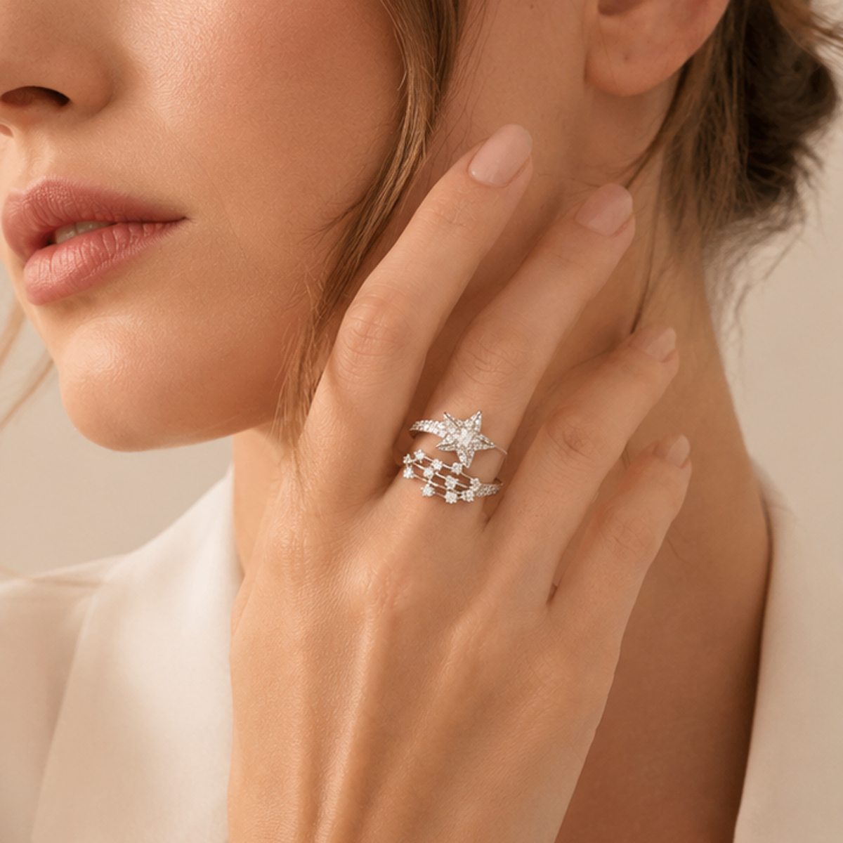 Silver Tone Star CZ Adjustable Open Ring