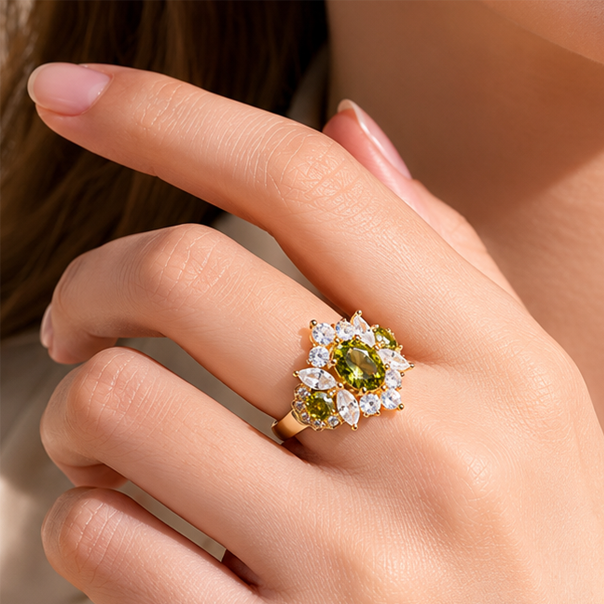 Gold Tone Green CZ Adjustable Statement Ring