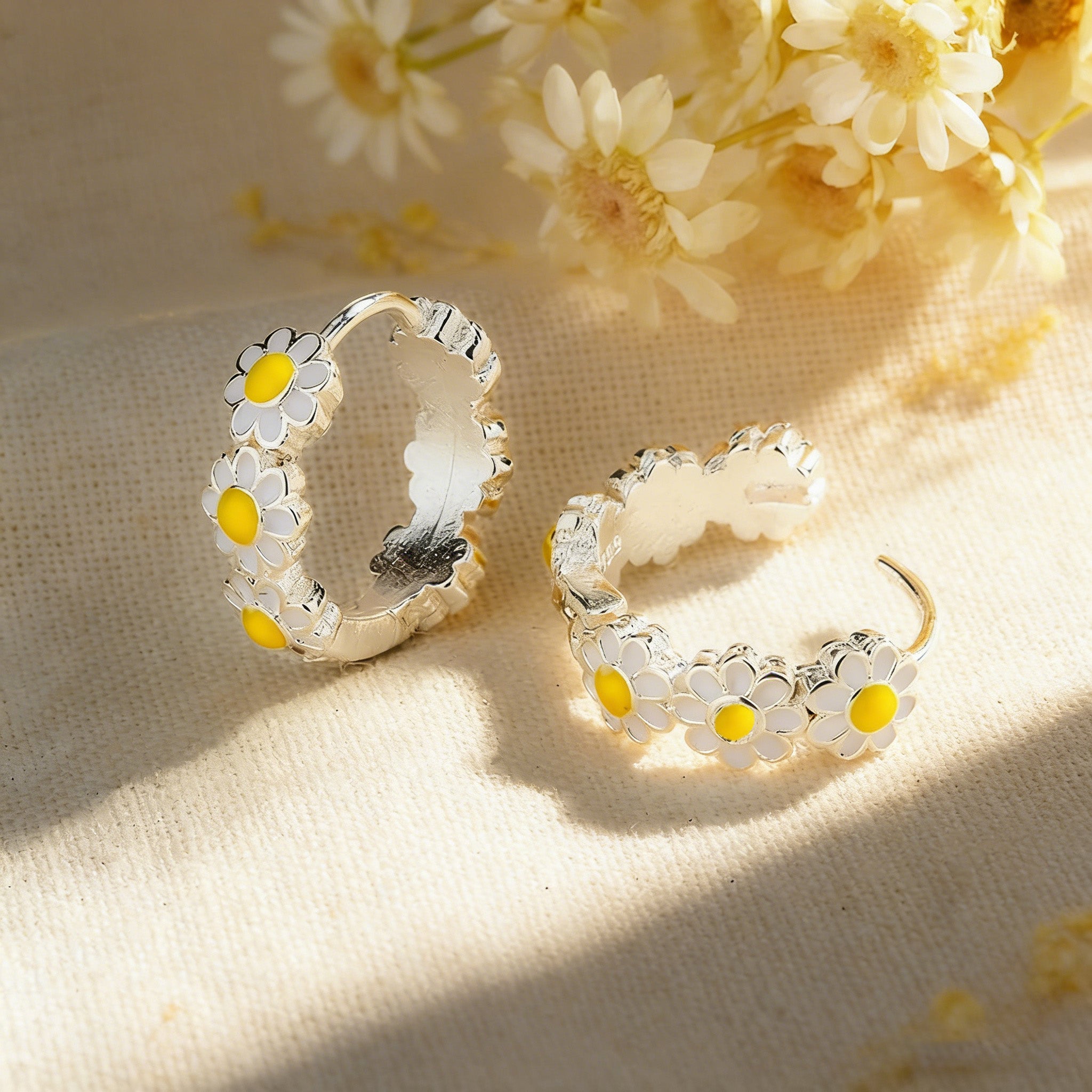 Silver Plated Daisy Flower Hoop Earrings for Women Enamel Daisy  Hoop Earrings Tiny Cute Flower  Earring