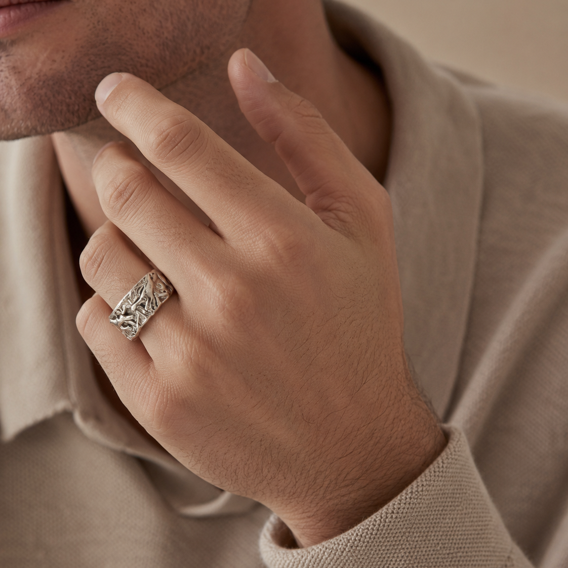 Silver Tone God Hand Adjustable Wide Ring