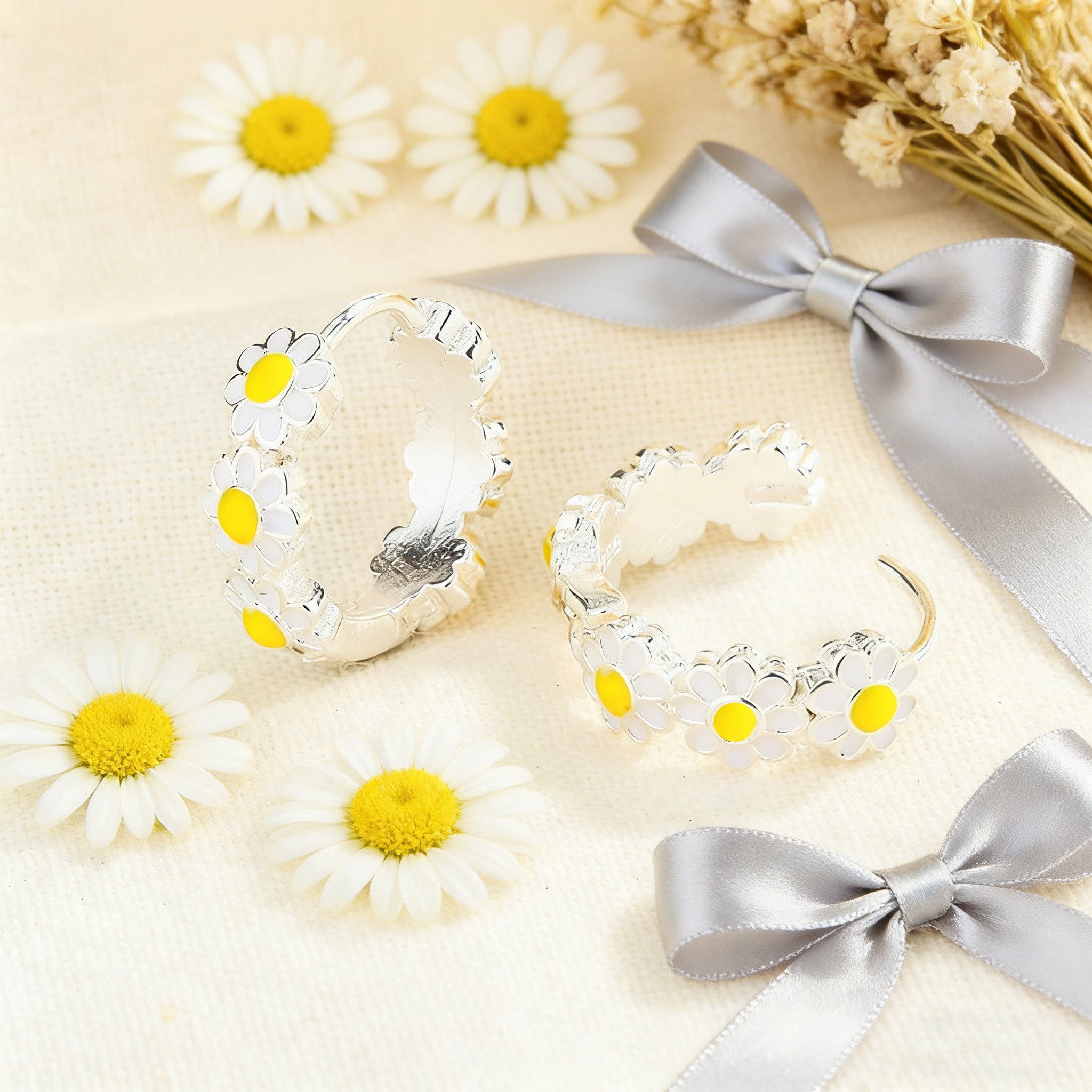 Silver Plated Daisy Flower Hoop Earrings for Women Enamel Daisy  Hoop Earrings Tiny Cute Flower  Earring