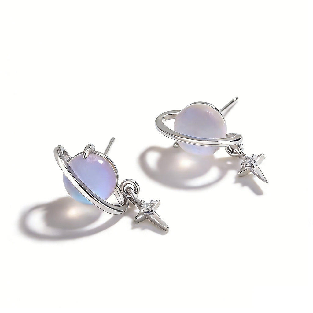 Silver Plated Saturn Stud Earrings for Women Moonstone Saturn Planet Earrings Celestial Earring