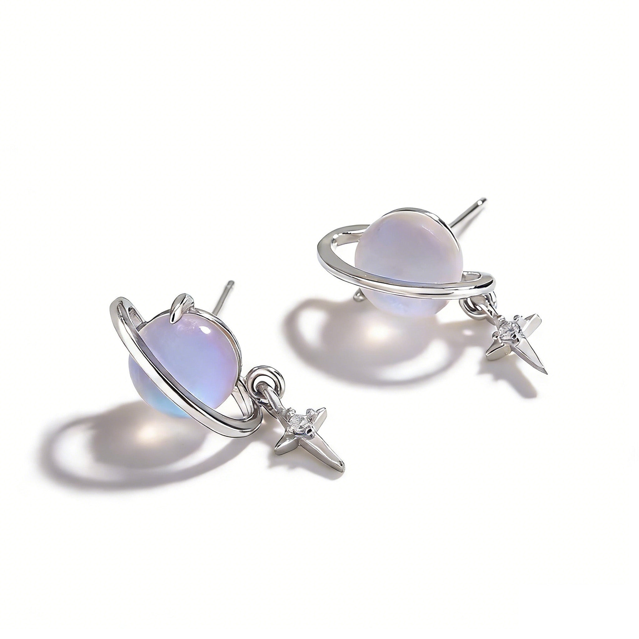 Silver Plated Saturn Stud Earrings for Women Moonstone Saturn Planet Earrings Celestial Earring