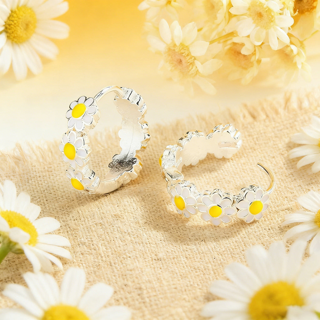 Silver Plated Daisy Flower Hoop Earrings for Women Enamel Daisy  Hoop Earrings Tiny Cute Flower  Earring