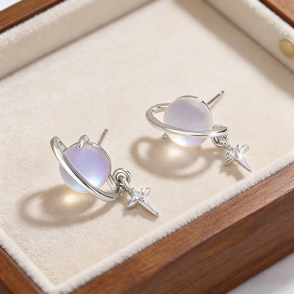 Silver Plated Saturn Stud Earrings for Women Moonstone Saturn Planet Earrings Celestial Earring