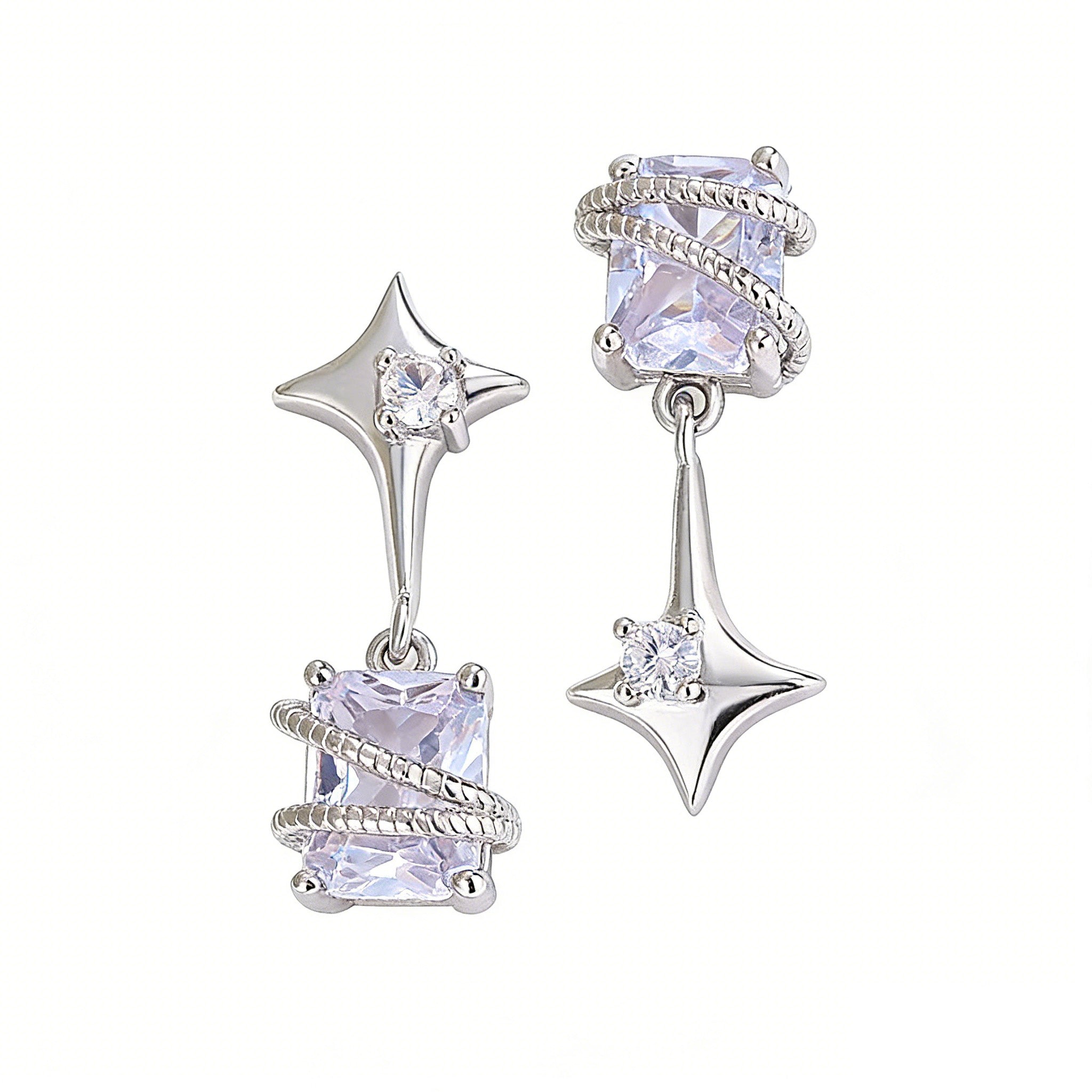 Silver Plated Mismatch Star Dangle Earrings for Women Rectangle CZ Celestial Dangle Earrings Wedding Bridesmaid Earring