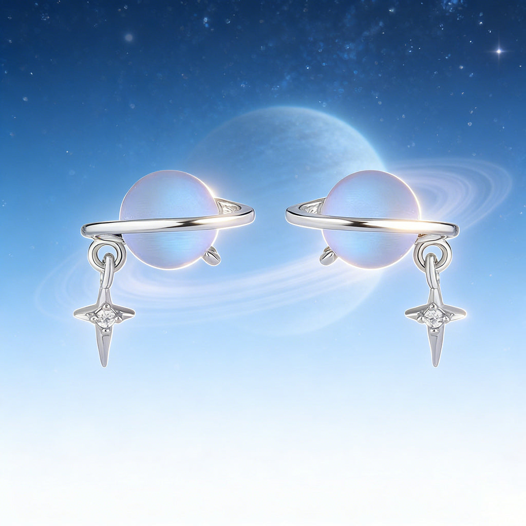 Silver Plated Saturn Stud Earrings for Women Moonstone Saturn Planet Earrings Celestial Earring