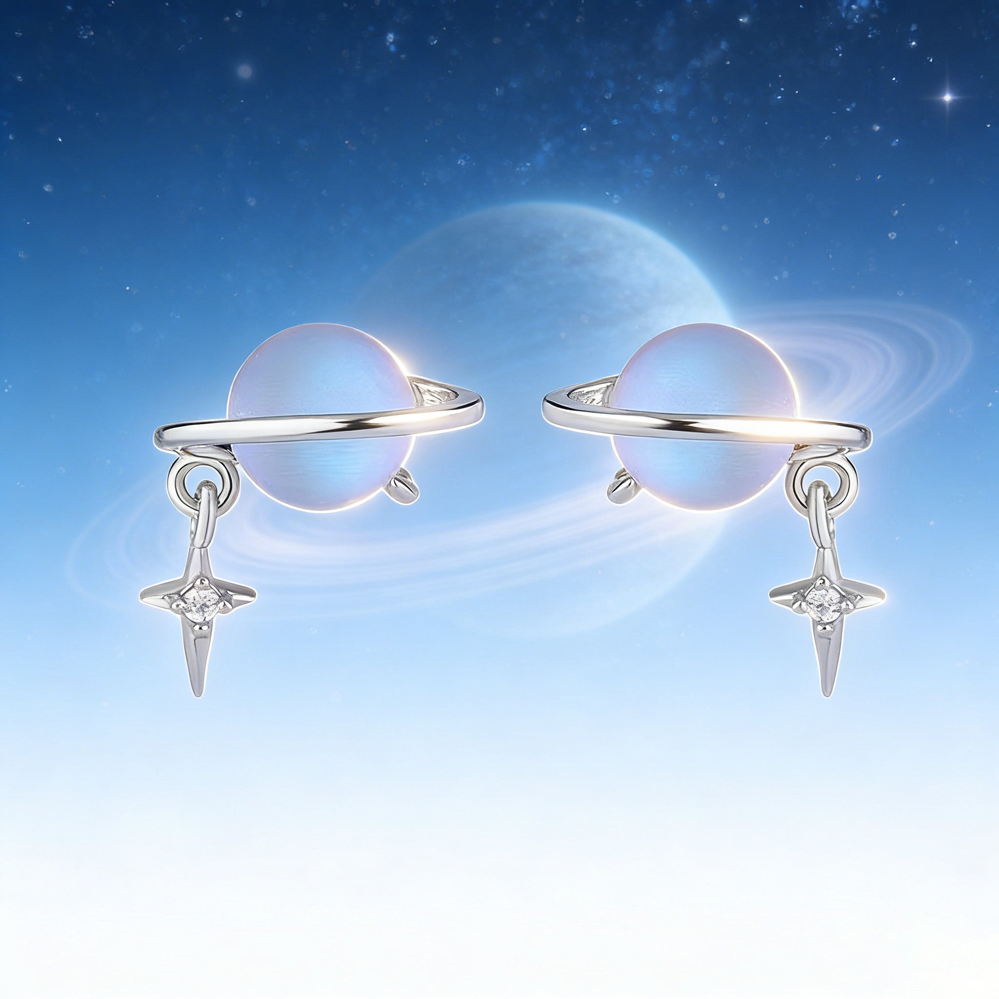 Silver Plated Saturn Stud Earrings for Women Moonstone Saturn Planet Earrings Celestial Earring