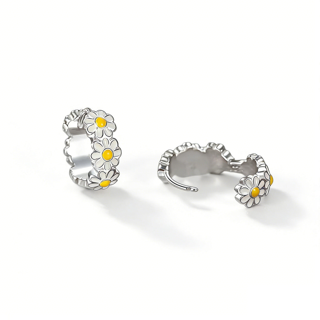 Silver Plated Daisy Flower Hoop Earrings for Women Enamel Daisy  Hoop Earrings Tiny Cute Flower  Earring