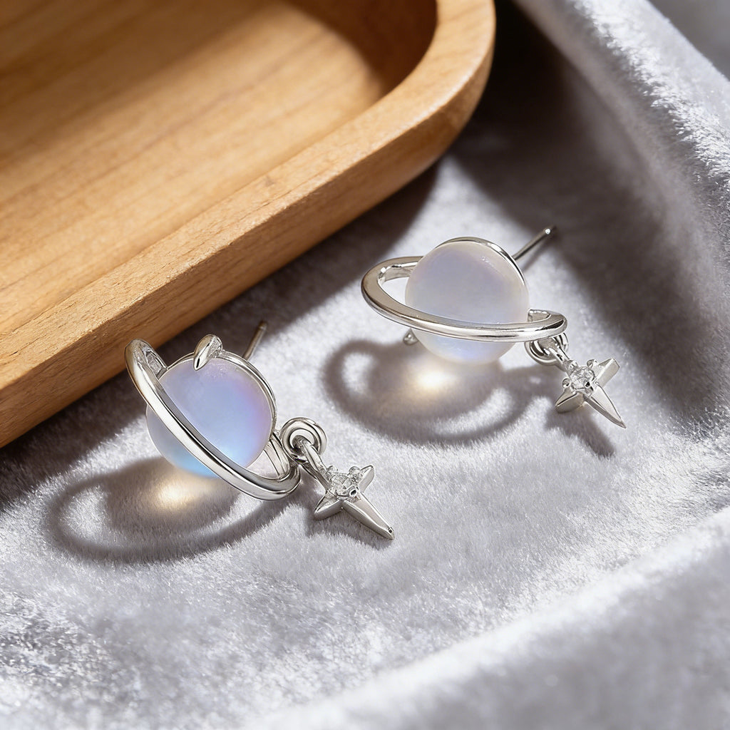 Silver Plated Saturn Stud Earrings for Women Moonstone Saturn Planet Earrings Celestial Earring