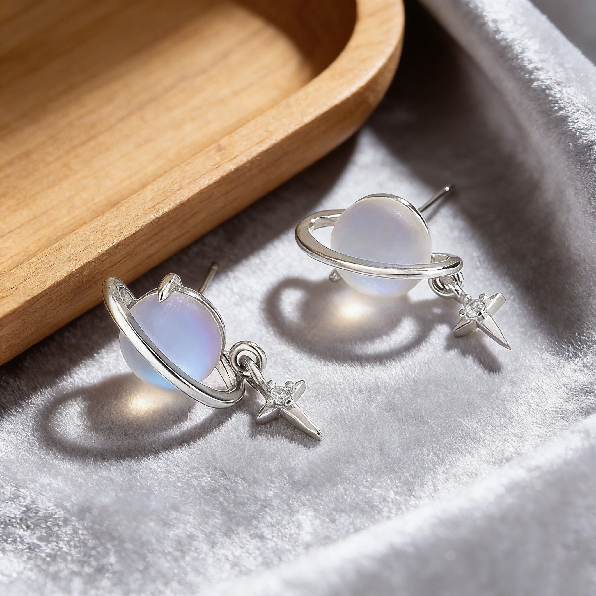 Silver Plated Saturn Stud Earrings for Women Moonstone Saturn Planet Earrings Celestial Earring