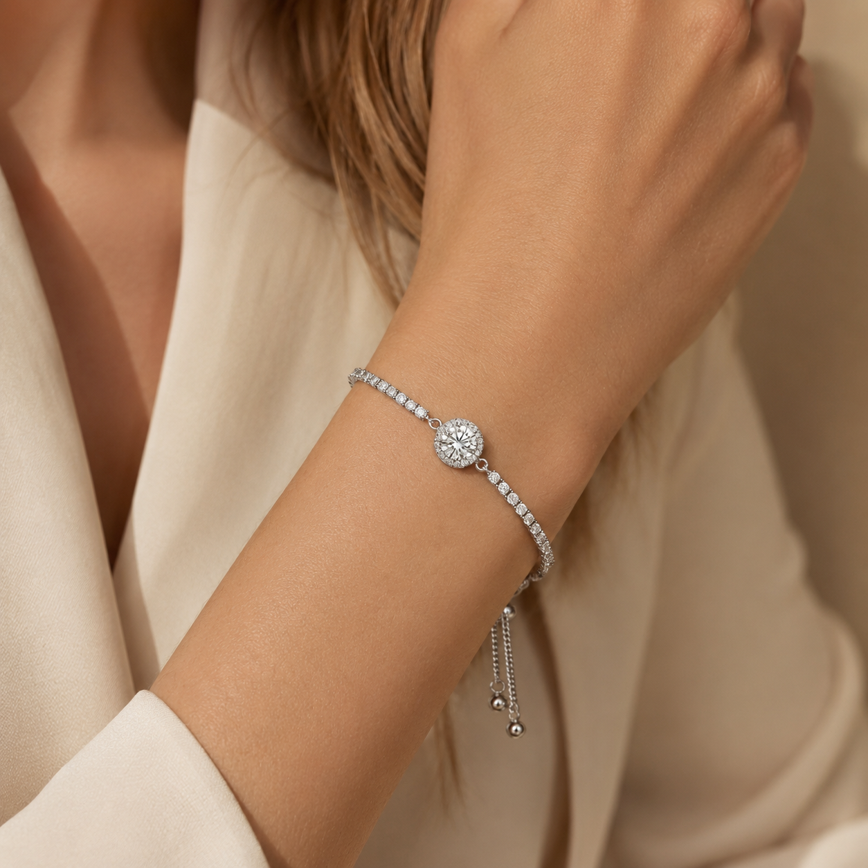 Silver Tone CZ Adjustable Slider Bracelet