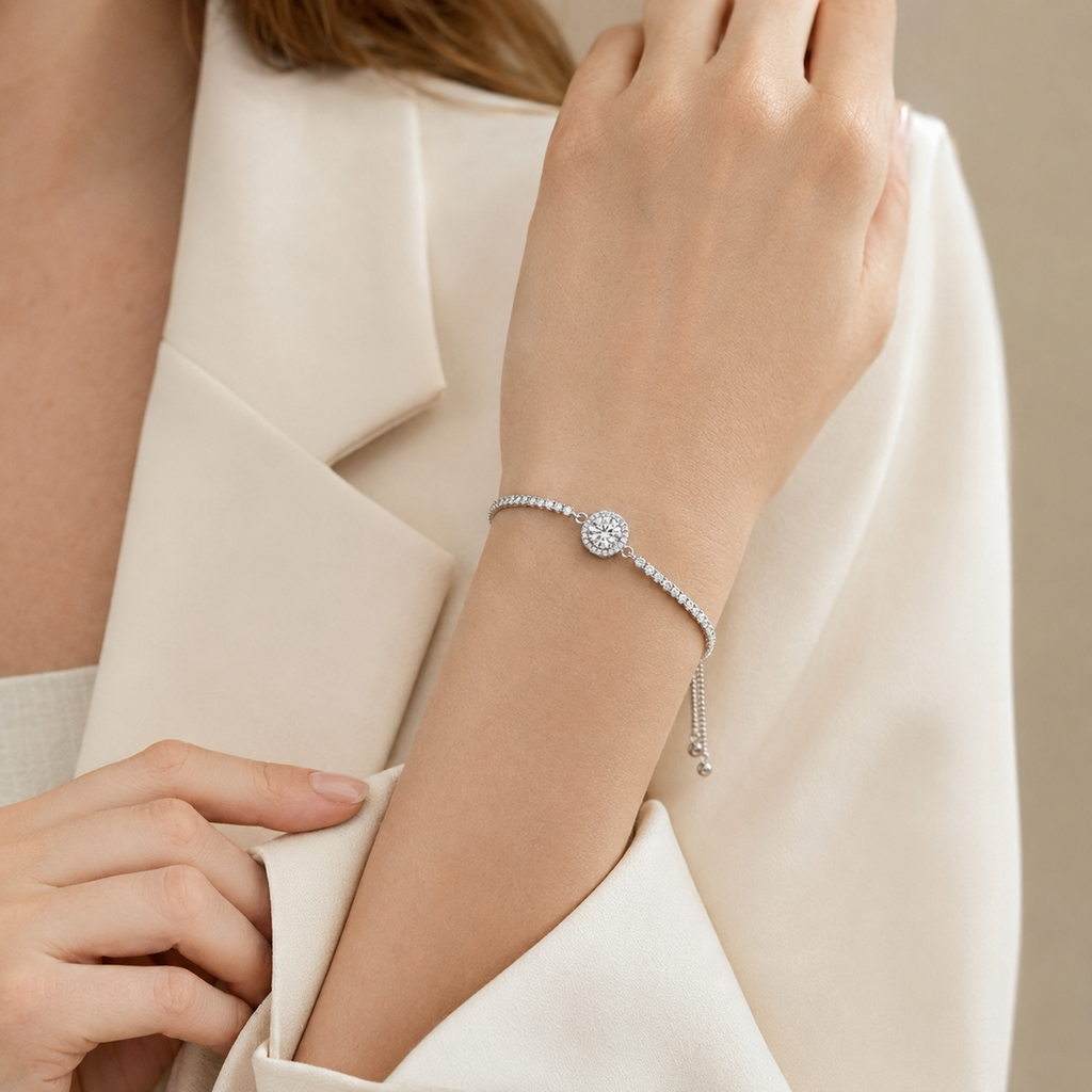Silver Tone CZ Adjustable Slider Bracelet
