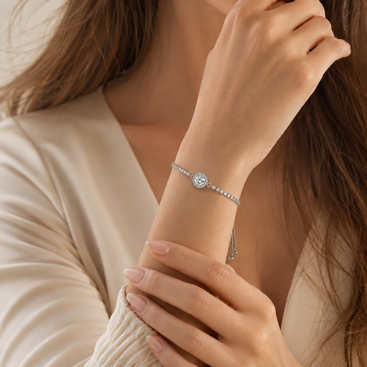Silver Tone CZ Adjustable Slider Bracelet