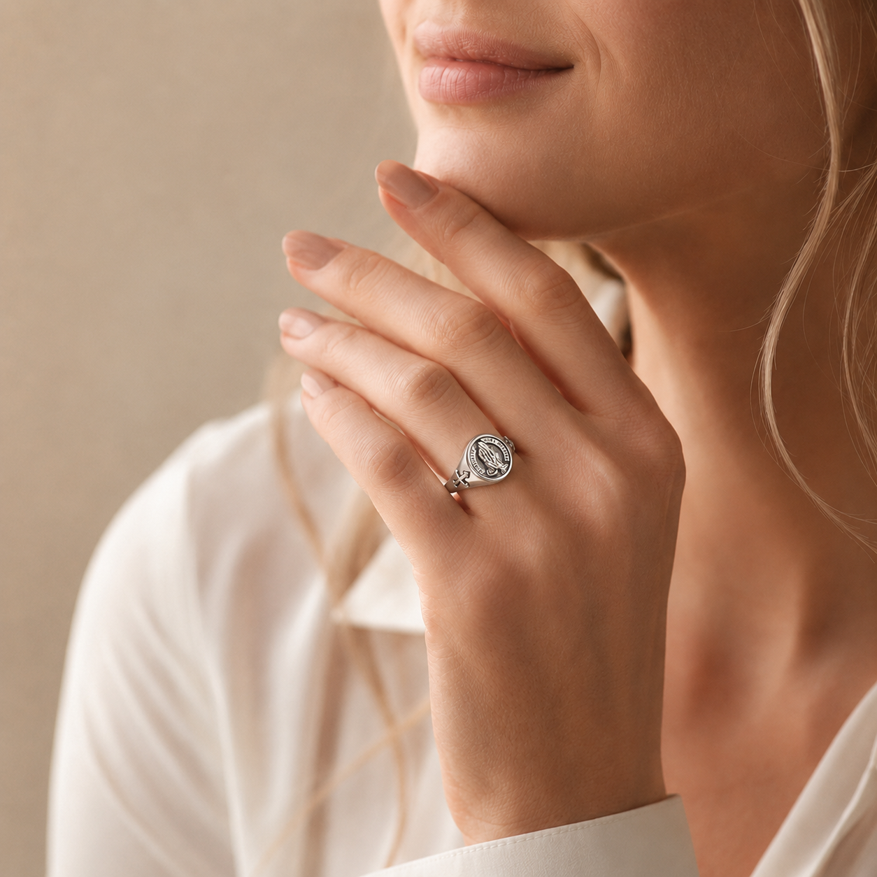 Silver Tone Prayer Hands Adjustable Ring