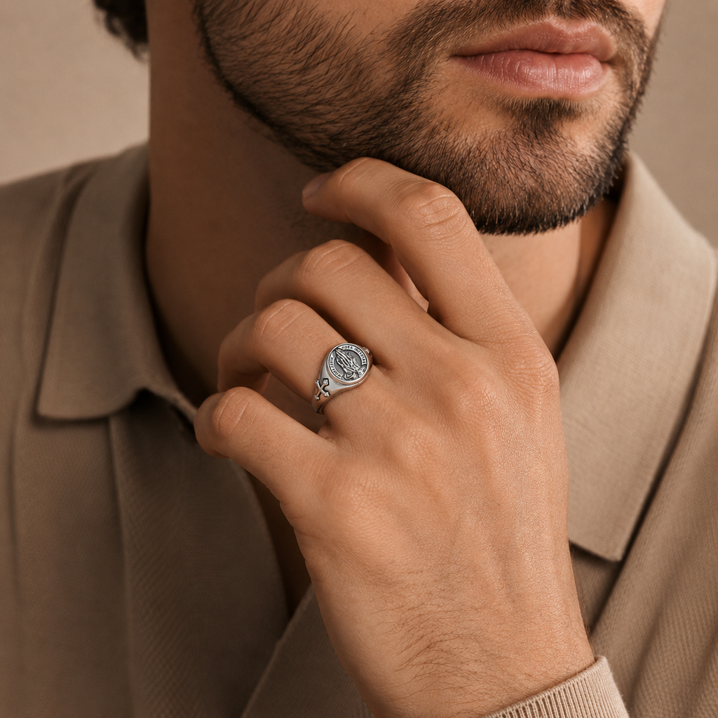 Silver Tone Prayer Hands Adjustable Ring