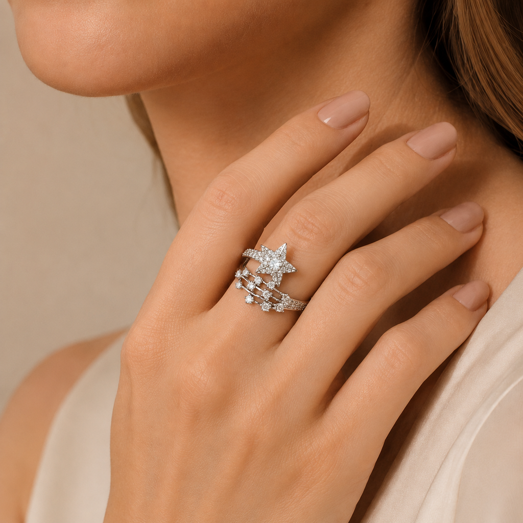 Silver Tone Star CZ Adjustable Open Ring