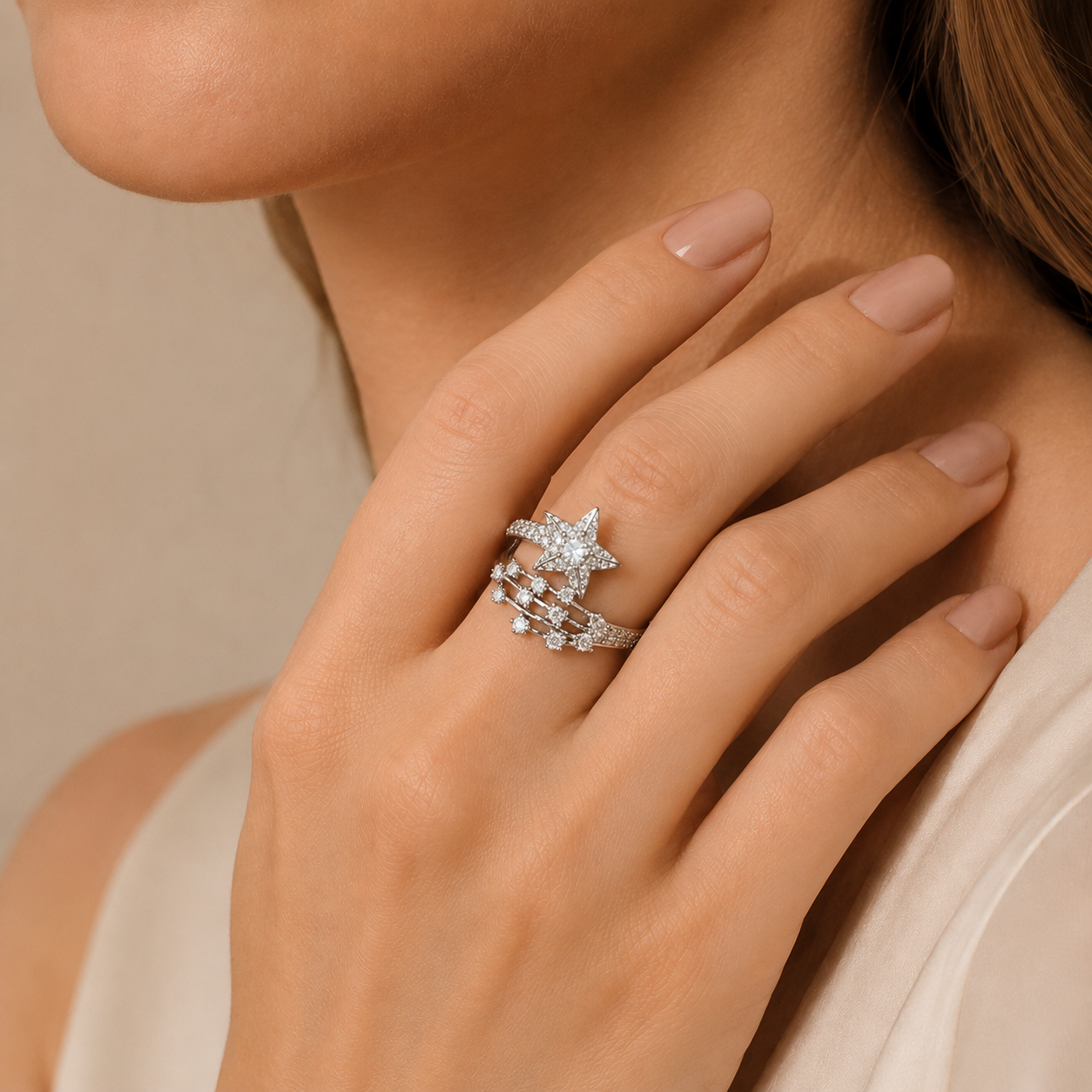 Silver Tone Star CZ Adjustable Open Ring