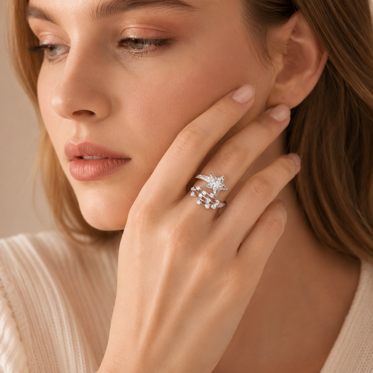Silver Tone Star CZ Adjustable Open Ring