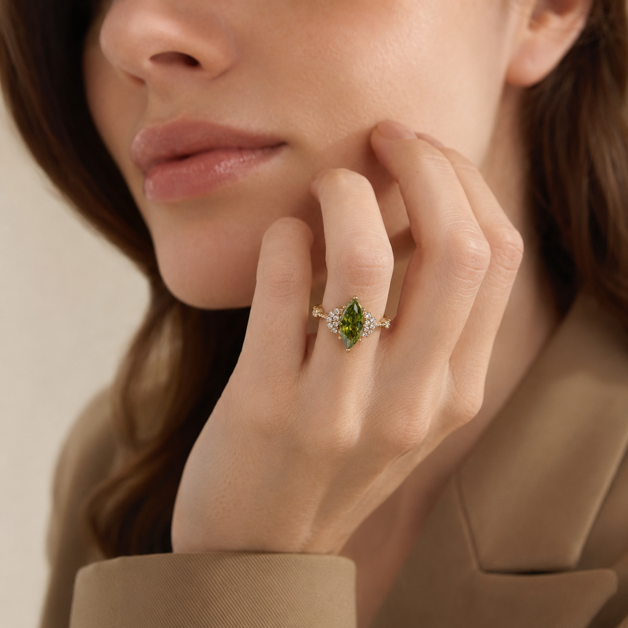 Gold Tone Green Marquise CZ Adjustable Open Ring