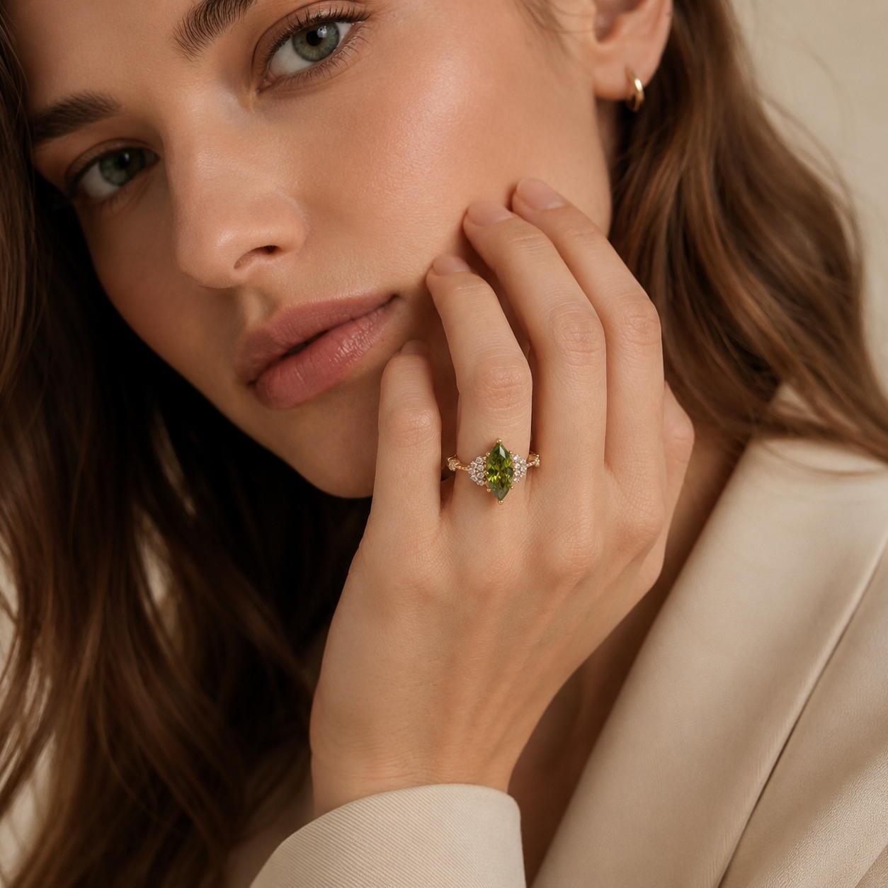 Gold Tone Green Marquise CZ Adjustable Open Ring