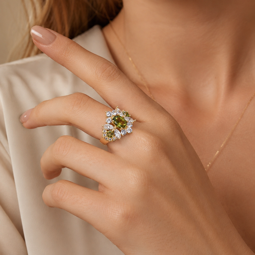 Gold Tone Green CZ Adjustable Statement Ring