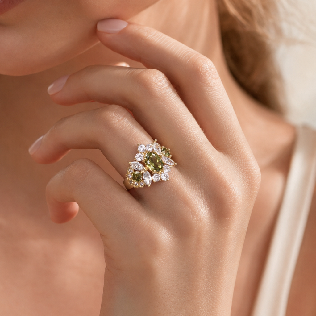 Gold Tone Green CZ Adjustable Statement Ring