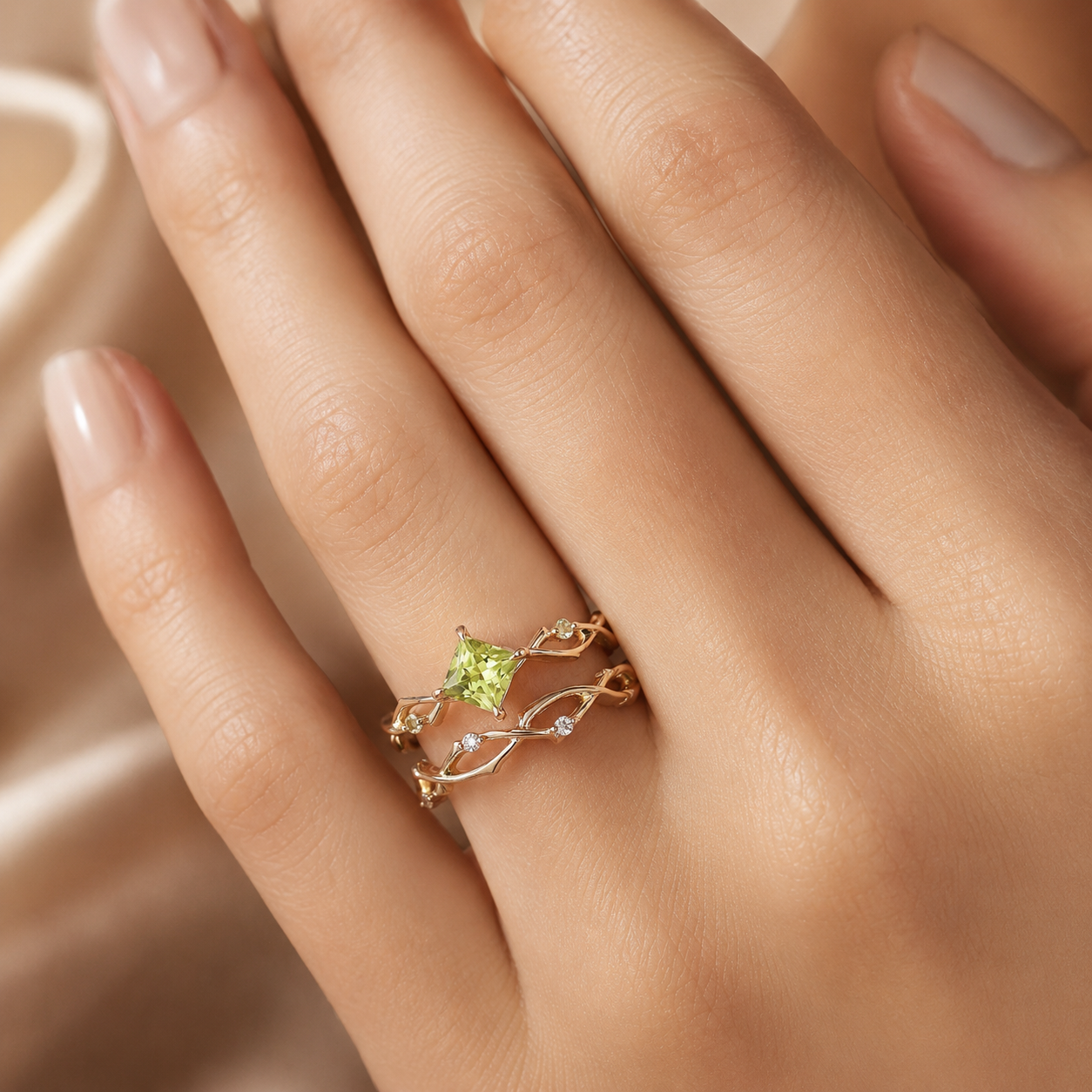 Gold Tone Green CZ Adjustable Ring Set