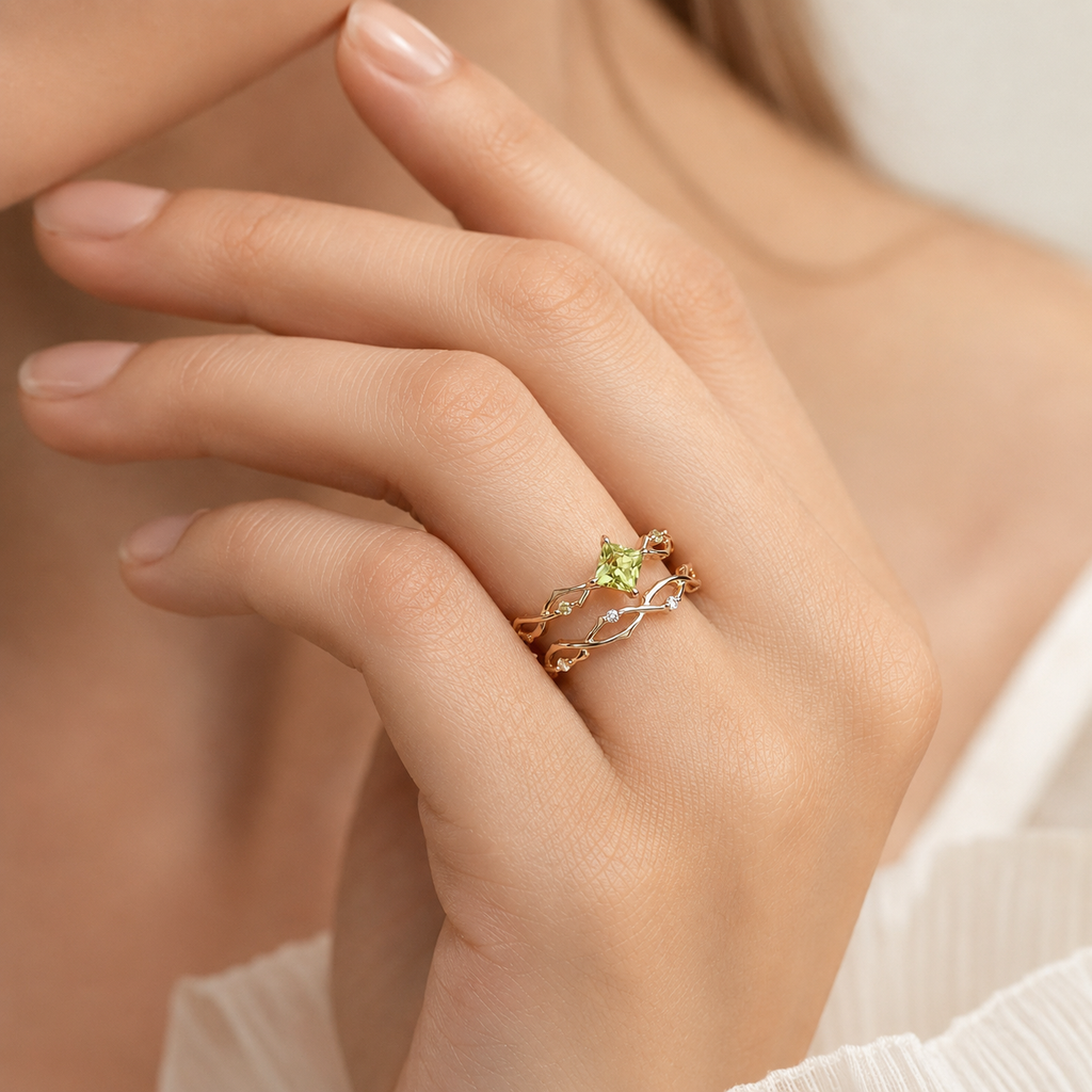 Gold Tone Green CZ Adjustable Ring Set