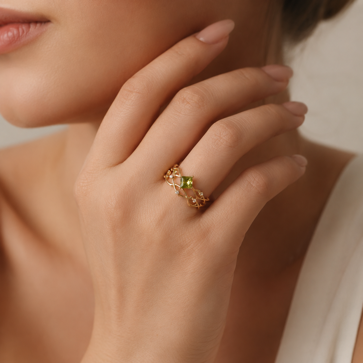 Gold Tone Green CZ Adjustable Ring Set